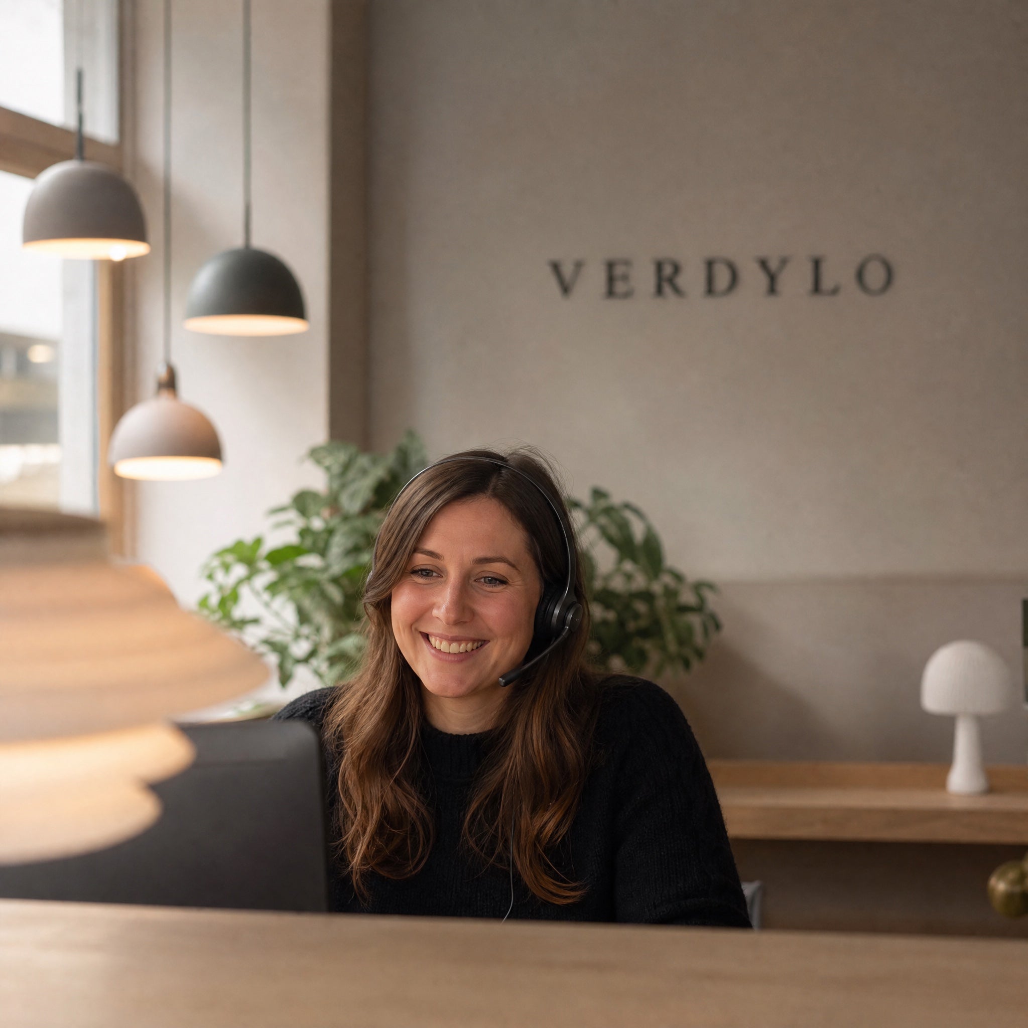 Service client VERDYLO, conseillère souriante avec casque dans un bureau lumineux